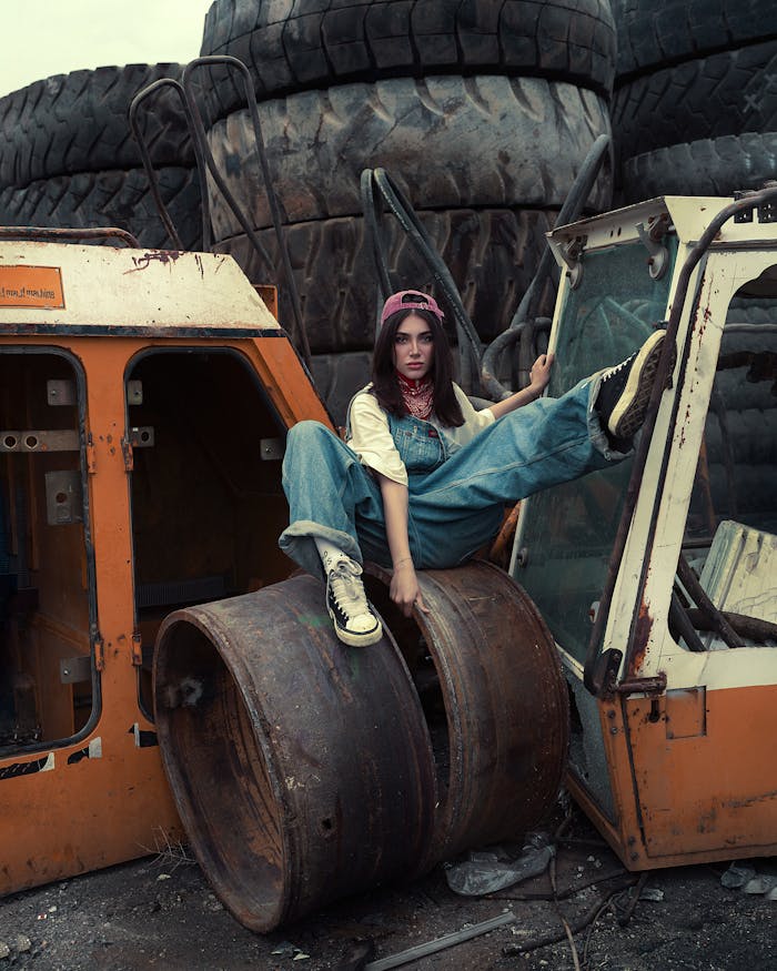 services-04 A stylish woman in streetwear poses amidst industrial junkyard setting, showcasing a unique urban fashion vibe.
