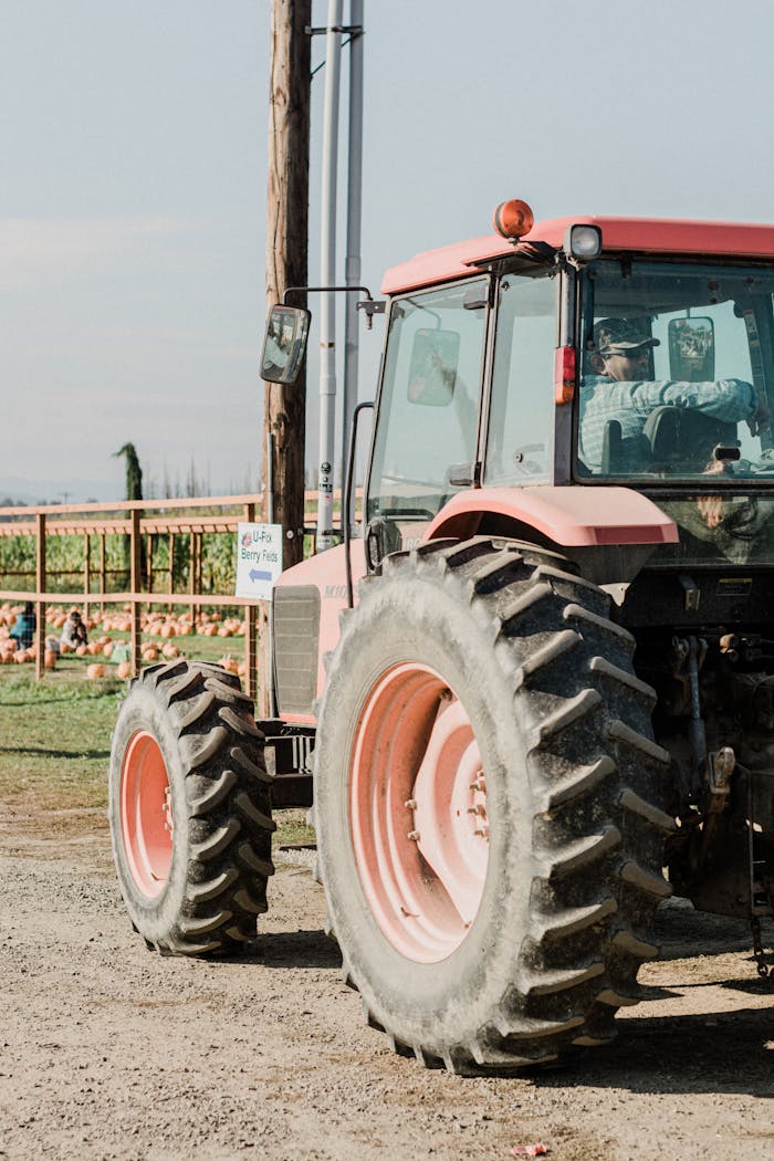 Red tractor with large tires parked on a farm, ready for agricultural tasks.